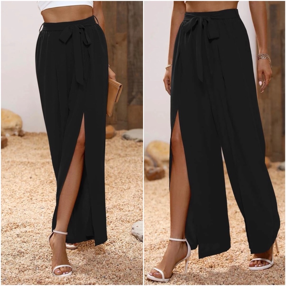 Black Slit Leg Wide leg Chic Pants - Picture 2 of 9